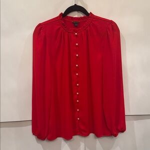 Ann Taylor Vibrant Red Blouse with Pearl Accents